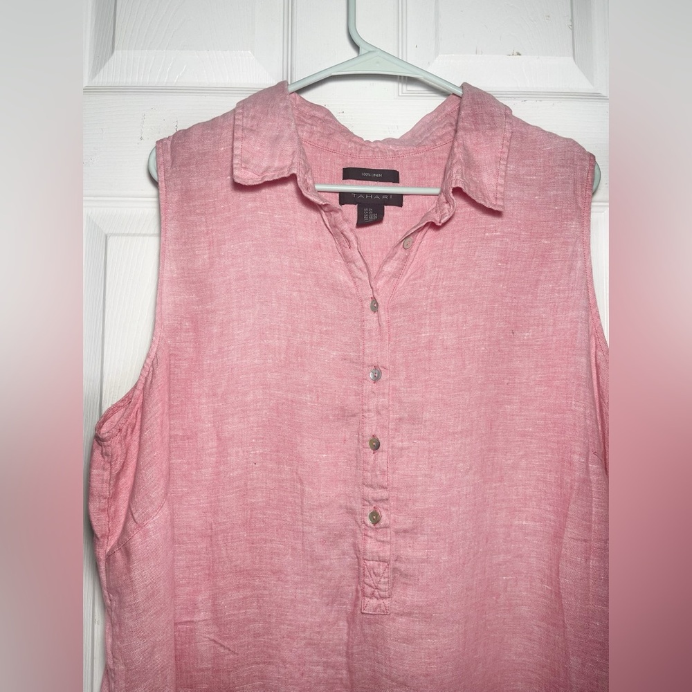 TAHARI 100% Linen‎ Pink, Sleeveless, 1/2 Button Front Women’s Dress Sz 2X - Picture 2 of 6